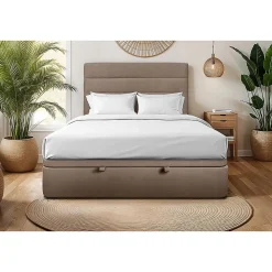 Sommeil De Plomb Lit coffre 180x200cm avec tête de lit lignes Velours Taupe - Hauteur totale : 39cm* Lit Coffre