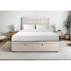 Lit coffre 200x200cm avec tête de lit capitonnée Bouclette Beige - Hauteur totale : 39cm>Sommeil De Plomb Sale