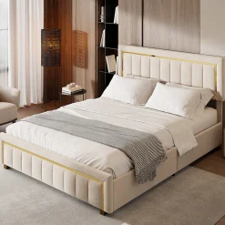 Lit coffre 140x190cm avec tête de lit capitonnée, sommier à lattes, velours, finitions dorées, beige>Fortuna lai Hot