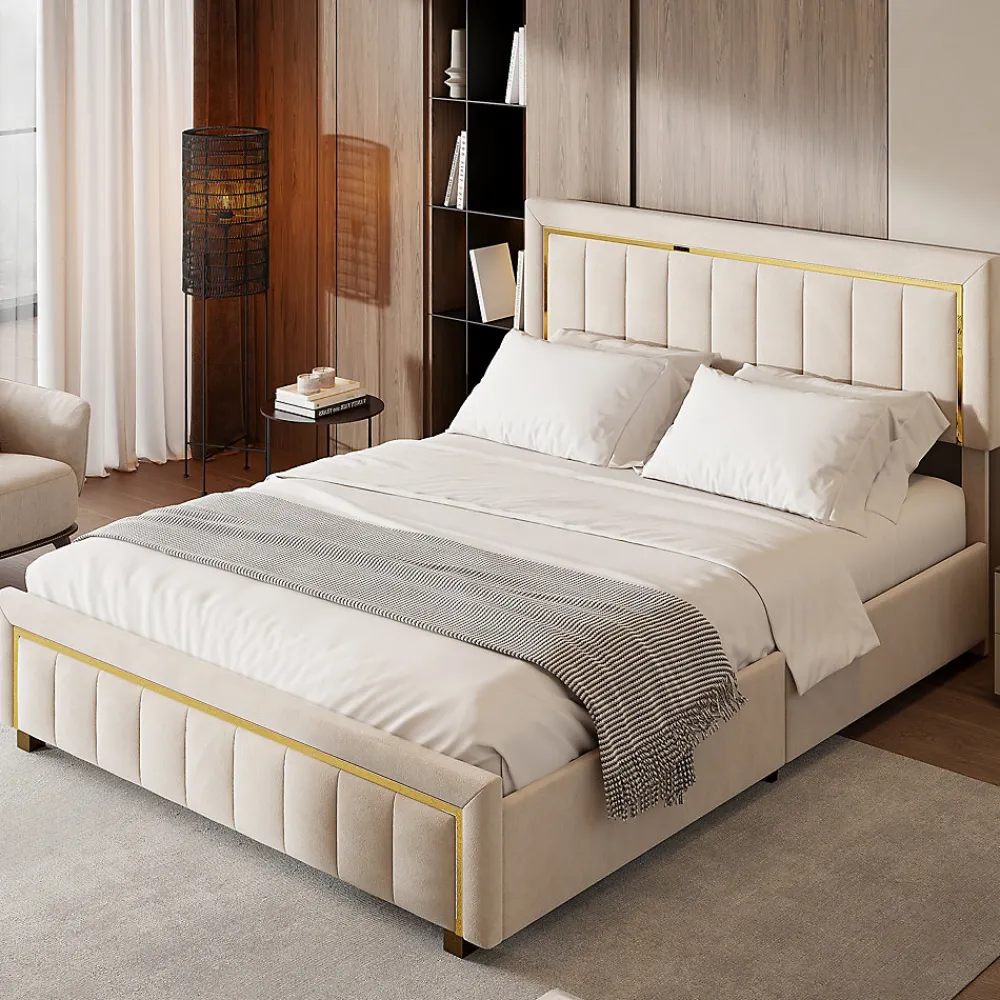 Lit coffre 140x190cm avec tête de lit capitonnée, sommier à lattes, velours, finitions dorées, beige>Fortuna lai Hot