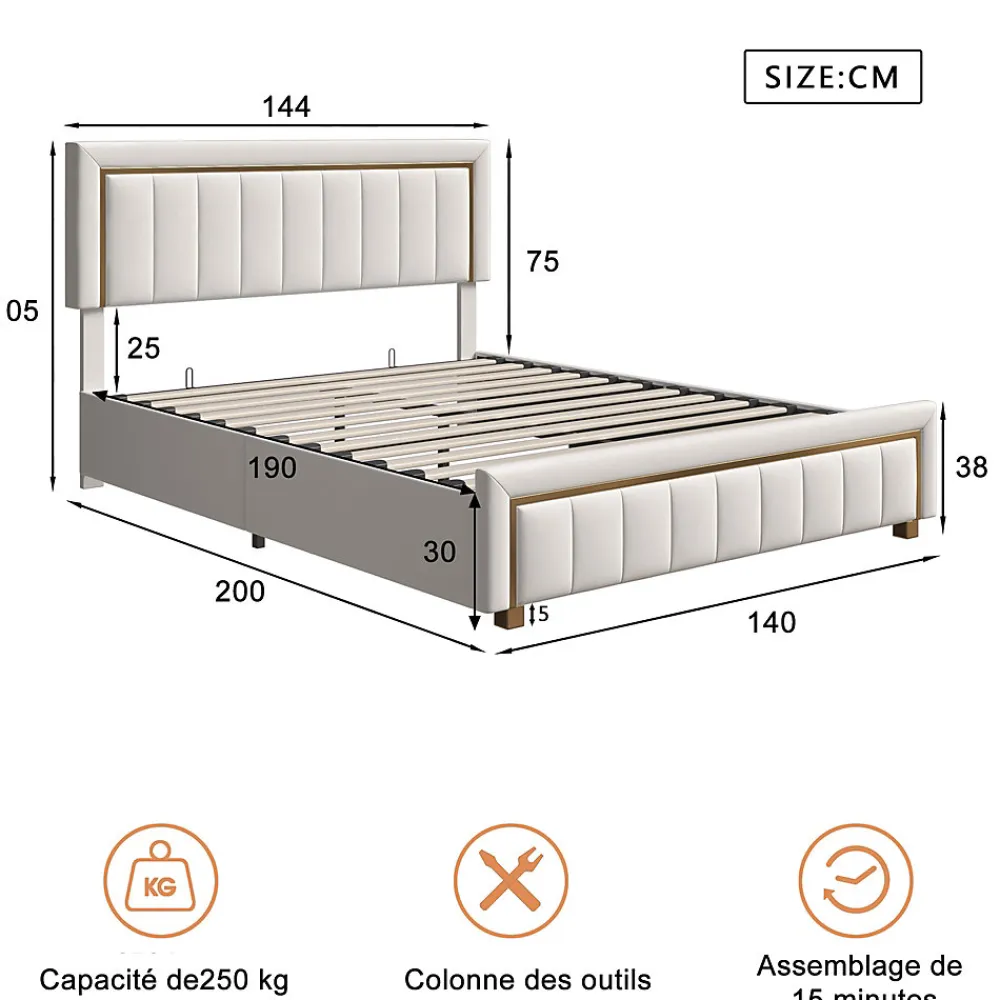 Lit coffre 140x190cm avec tête de lit capitonnée, sommier à lattes, velours, finitions dorées, beige>Fortuna lai Hot