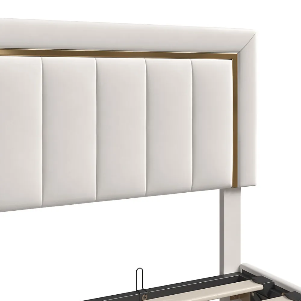 Lit coffre 140x190cm avec tête de lit capitonnée, sommier à lattes, velours, finitions dorées, beige>Fortuna lai Hot