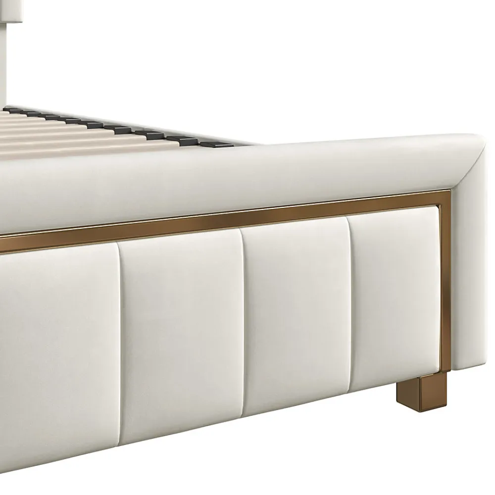 Lit coffre 140x190cm avec tête de lit capitonnée, sommier à lattes, velours, finitions dorées, beige>Fortuna lai Hot