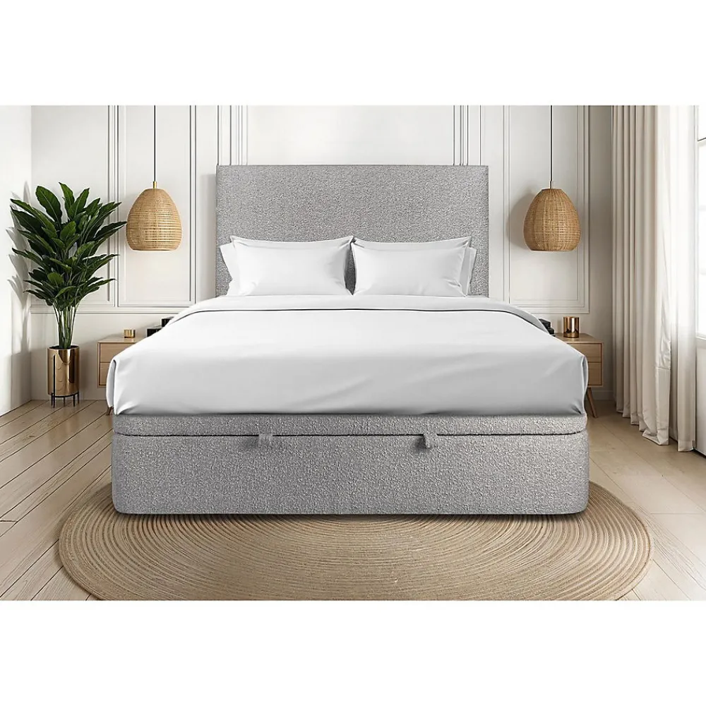 Lit coffre 140x190cm avec tête de lit tapissier Bouclette Gris - Hauteur totale : 39cm>Sommeil De Plomb Discount
