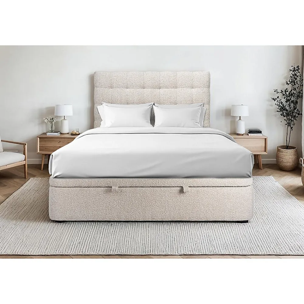 Lit coffre 140x200cm avec tête de lit capitonnée Bouclette Beige - Hauteur totale : 39cm>Sommeil De Plomb New