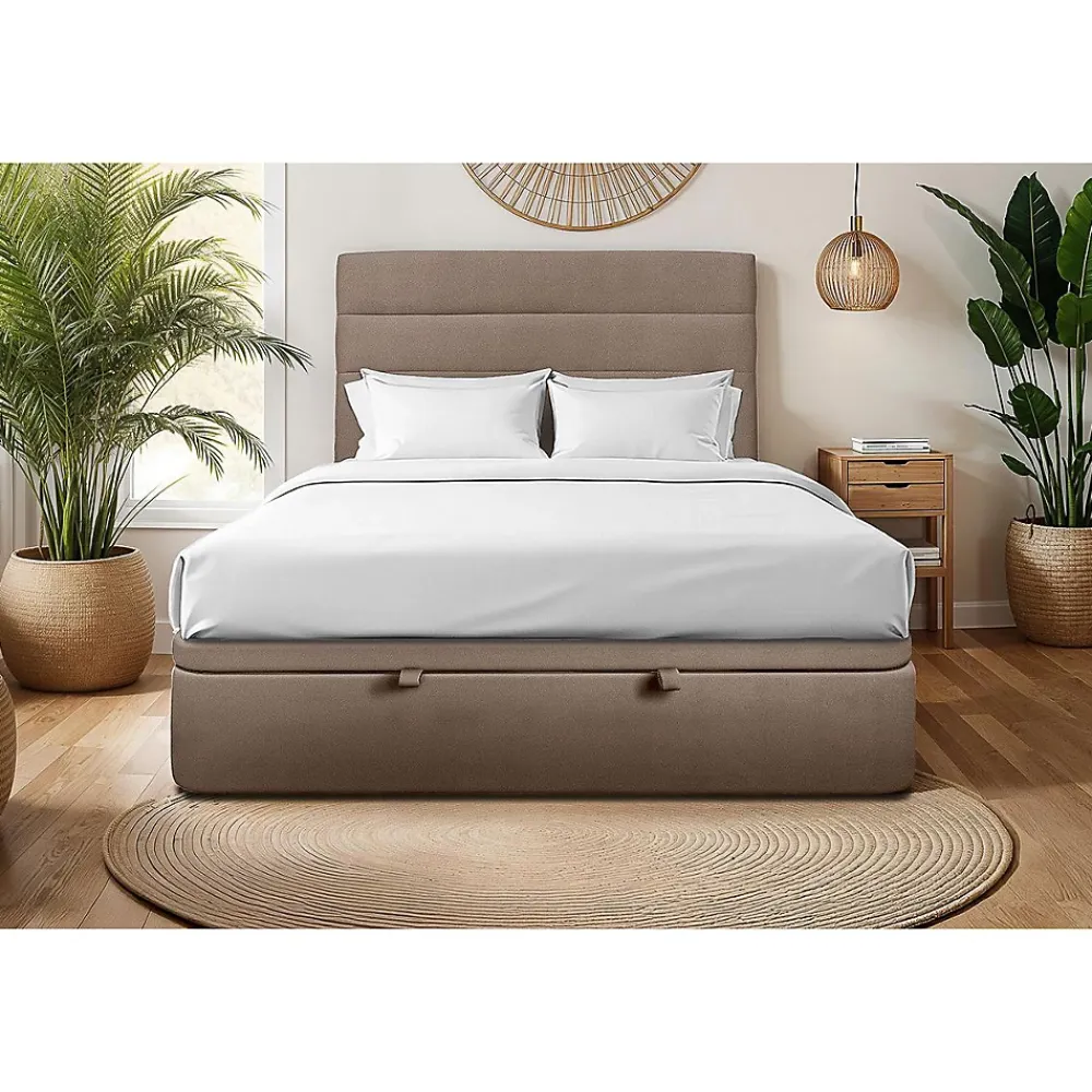 Sommeil De Plomb Lit coffre 140x200cm avec tête de lit lignes Velours Taupe - Hauteur totale : 39cm* Lit Coffre