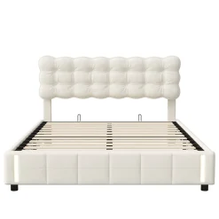 Lit Coffre 160x200cm, Cadre De Lit Rembourré Avec Éclairage LED Et Sommier à Lattes, Velours Beige>Fortuna lai New