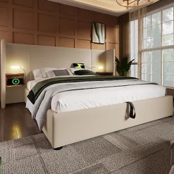 Lit coffre 180x200cm en lin - 2 tables de chavet avec liseuse - avec sommier à lattes - Beige>ModernLuxe Online
