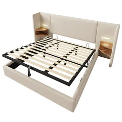 Lit coffre 180x200cm en lin - 2 tables de chavet avec liseuse - avec sommier à lattes - Beige><noscript><img width=