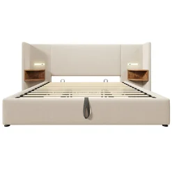Lit coffre 180x200cm en lin - 2 tables de chavet avec liseuse - avec sommier à lattes - Beige><noscript><img width=