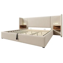 Lit coffre 180x200cm en lin - 2 tables de chavet avec liseuse - avec sommier à lattes - Beige><noscript><img width=