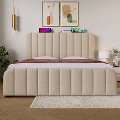 Lit coffre 140x200cm en tissu lin - avec recharge USB+Type-C - décoré de bandes dorées - Beige><noscript><img width=