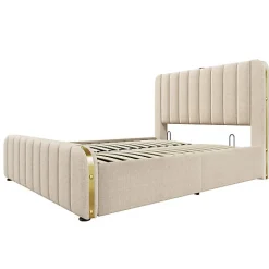 Lit coffre 140x200cm en tissu lin - avec recharge USB+Type-C - décoré de bandes dorées - Beige><noscript><img width=