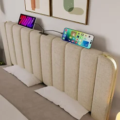 Lit coffre 140x200cm en tissu lin - avec recharge USB+Type-C - décoré de bandes dorées - Beige><noscript><img width=