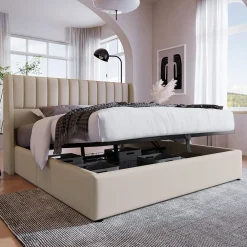 Lit coffre 160x200cm en tissu lin - avec tête de lit et sommier à lattes - Beige><noscript><img width=