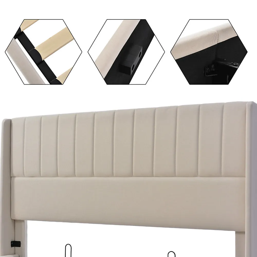 Lit coffre 160x200cm en tissu lin - avec tête de lit et sommier à lattes - Beige>Generique Best