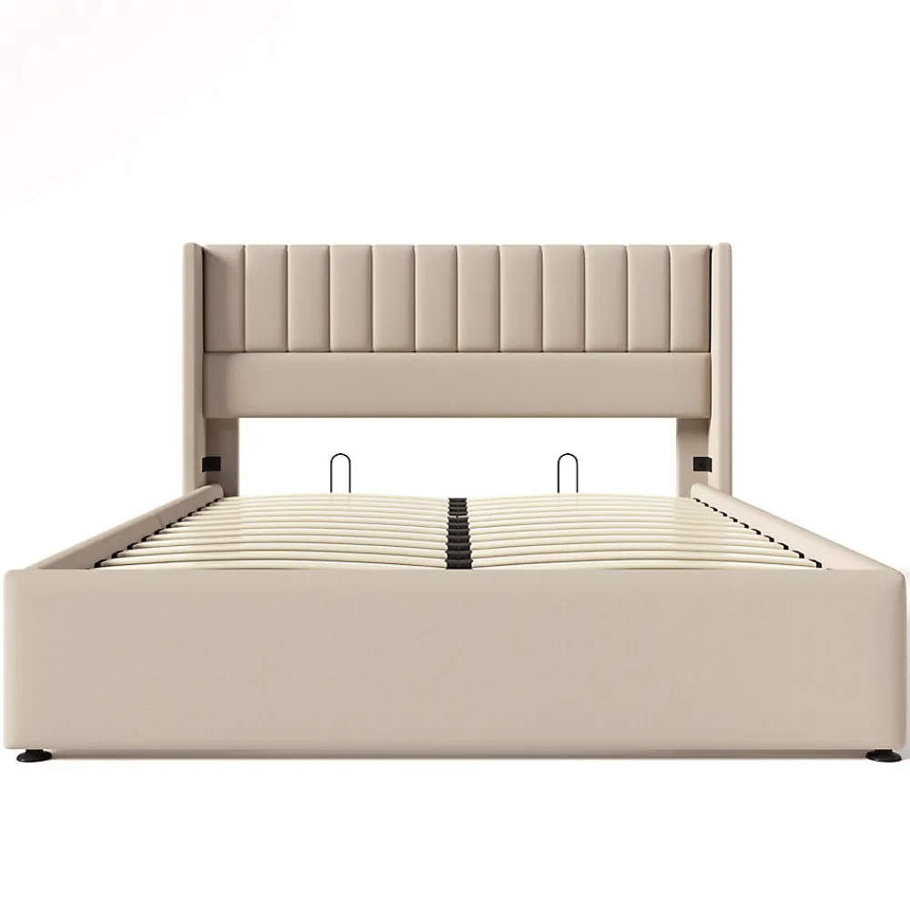 Lit coffre 160x200cm en tissu lin - avec tête de lit et sommier à lattes - Beige>Generique Best