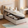 Lit coffre 90x200cm, lit capitonné d'enfant en lin, avec sommier à lattes et tête de lit, beige>ProximaX Sale