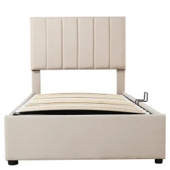 Lit coffre 90x200cm, lit capitonné d'enfant en lin, avec sommier à lattes et tête de lit, beige><noscript><img width=