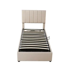 Lit coffre 90x200cm, lit capitonné d'enfant en lin, avec sommier à lattes et tête de lit, beige><noscript><img width=