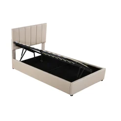 Lit coffre 90x200cm, lit capitonné d'enfant en lin, avec sommier à lattes et tête de lit, beige><noscript><img width=