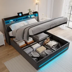 Generique Lit coffre 140x200cm rembourré en tissu lin - avec LED et Ports de charge - avec sommier à lattes - Gris* Lit Coffre
