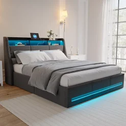 Generique Lit coffre 140x200cm rembourré en tissu lin - avec LED et Ports de charge - avec sommier à lattes - Gris* Lit Coffre