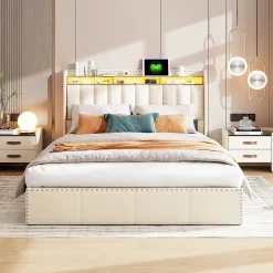 Simple Life Lit Coffre 140x200cm,avec Éclairage LED Et Port USB, Avec Tête De Lit Coffre,structure Stable, Beige* Lit Coffre