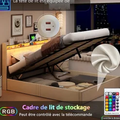 Simple Life Lit Coffre 140x200cm,avec Éclairage LED Et Port USB, Avec Tête De Lit Coffre,structure Stable, Beige* Lit Coffre