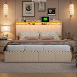 Simple Life Lit Coffre 140x200cm,avec Éclairage LED Et Port USB, Avec Tête De Lit Coffre,structure Stable, Beige* Lit Coffre