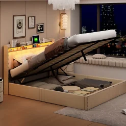 Simple Life Lit Coffre 140x200cm,avec Éclairage LED Et Port USB, Avec Tête De Lit Coffre,structure Stable, Beige* Lit Coffre