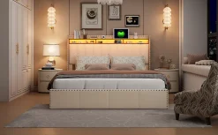 Simple Life Lit Coffre 140x200cm,avec Éclairage LED Et Port USB, Avec Tête De Lit Coffre,structure Stable, Beige* Lit Coffre