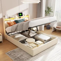 Simple Life Lit Coffre 140x200cm,avec Éclairage LED Et Port USB, Avec Tête De Lit Coffre,structure Stable, Beige* Lit Coffre