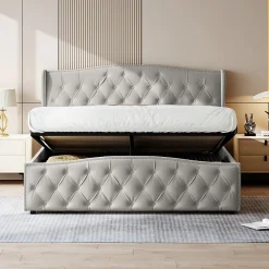lit coffre 160x200,lit capitonné avec sommier à lattes,tête de lit ondulée,design rivet,velours,gris><noscript><img width=