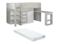 Lit combiné 90 x 200 cm - Avec bureau et rangements - Blanc et naturel + Matelas - LOUKALA>Vente-unique New