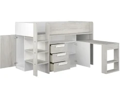 Lit combiné 90 x 200 cm - Avec bureau et rangements - Blanc et naturel + Matelas - LOUKALA><noscript><img width=