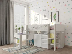 Lit combiné 90 x 200 cm - Avec bureau et rangements - Blanc et naturel + Matelas - LOUKALA><noscript><img width=
