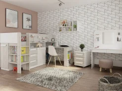 Lit combiné 90 x 200 cm - Avec bureau et rangements - Blanc et naturel + Matelas - LOUKALA><noscript><img width=