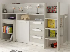 Vente-unique Lit combiné 90 x 200 cm - Avec bureau et rangements - Blanc et naturel - LOUKALA*Enfant Lit Enfant