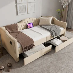 Lit combiné 90 x 200 cm - Lit avec 2 tiroirs et ports USB - Velours Beige - Sans Matelas>Okwish New