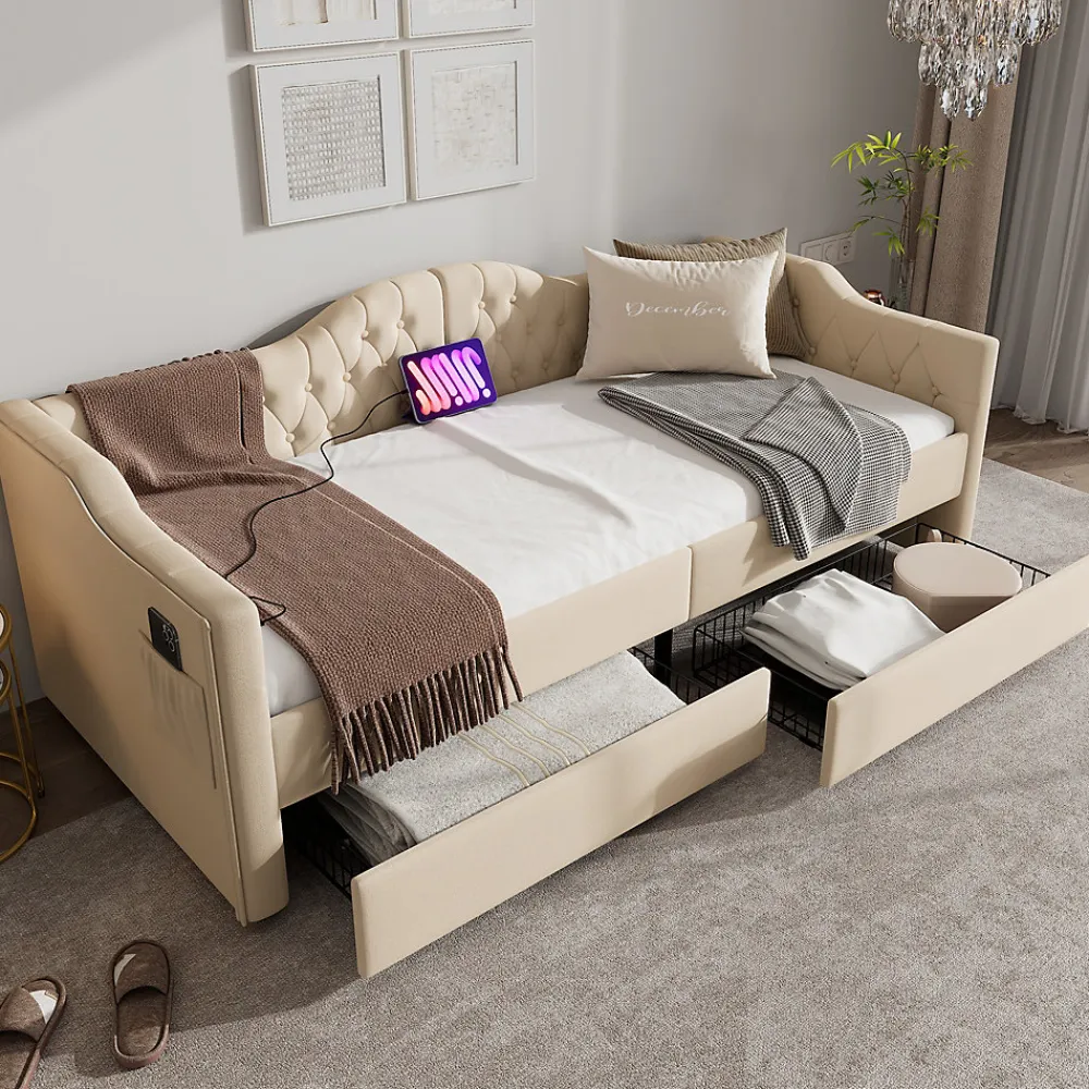 Lit combiné 90 x 200 cm - Lit avec 2 tiroirs et ports USB - Velours Beige - Sans Matelas>Okwish New