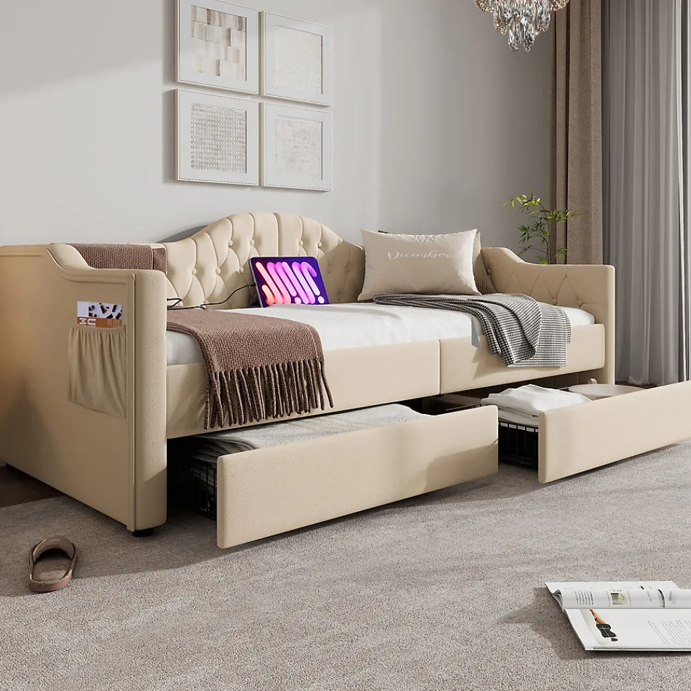 Lit combiné 90 x 200 cm - Lit avec 2 tiroirs et ports USB - Velours Beige - Sans Matelas>Okwish New