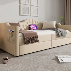 Lit combiné 90 x 200 cm - Lit avec 2 tiroirs et ports USB - Velours Beige - Sans Matelas><noscript><img width=