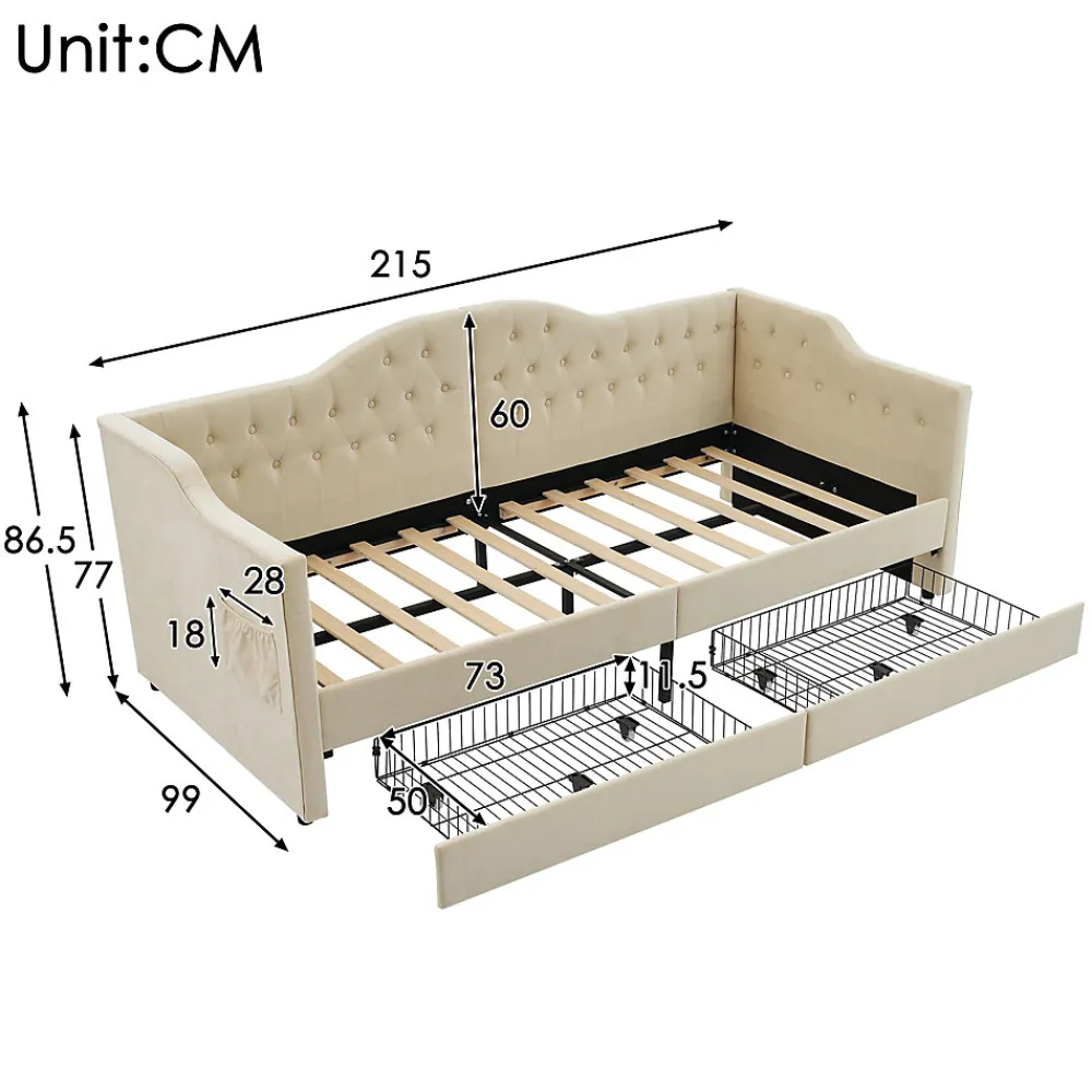 Lit combiné 90 x 200 cm - Lit avec 2 tiroirs et ports USB - Velours Beige - Sans Matelas>Okwish New
