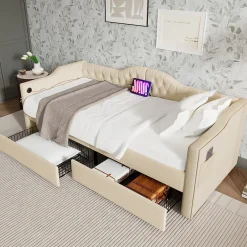 Lit combiné 90 x 200 cm - Lit avec 2 tiroirs et ports USB - Velours Beige - Sans Matelas><noscript><img width=