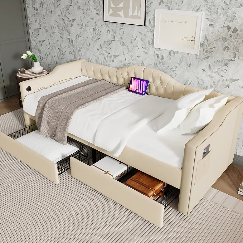 Lit combiné 90 x 200 cm - Lit avec 2 tiroirs et ports USB - Velours Beige - Sans Matelas>Okwish New