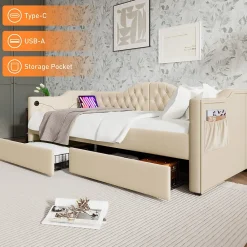Lit combiné 90 x 200 cm - Lit avec 2 tiroirs et ports USB - Velours Beige - Sans Matelas><noscript><img width=
