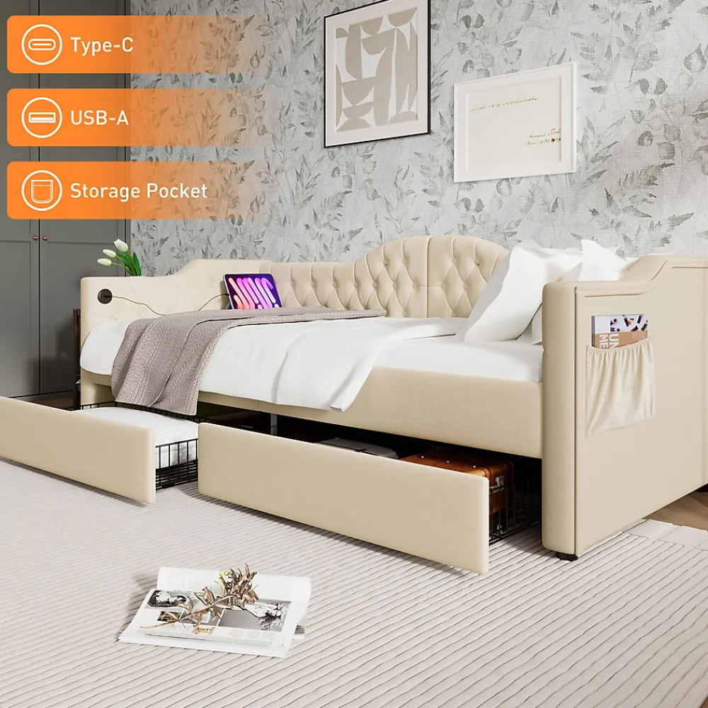 Lit combiné 90 x 200 cm - Lit avec 2 tiroirs et ports USB - Velours Beige - Sans Matelas>Okwish New