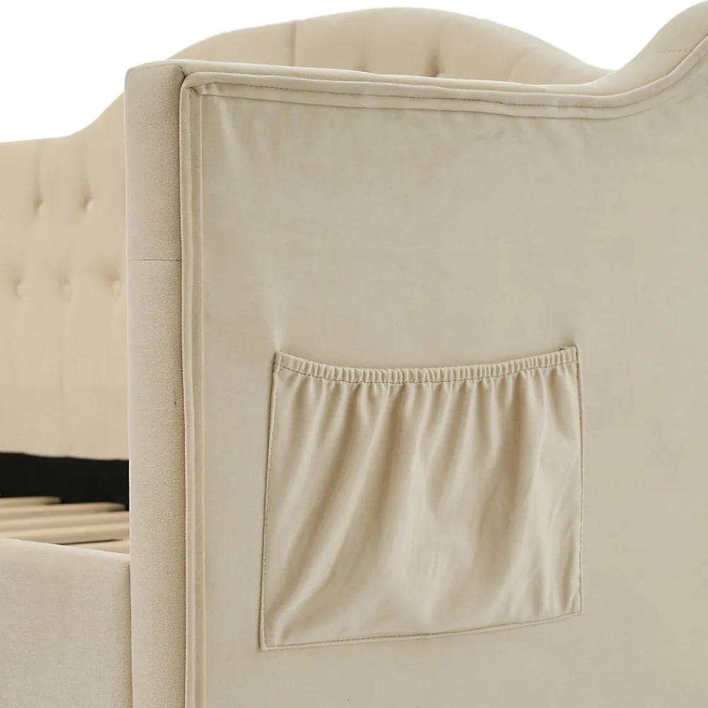 Lit combiné 90 x 200 cm - Lit avec 2 tiroirs et ports USB - Velours Beige - Sans Matelas>Okwish New