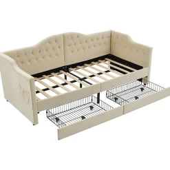 Lit combiné 90 x 200 cm - Lit avec 2 tiroirs et ports USB - Velours Beige - Sans Matelas><noscript><img width=
